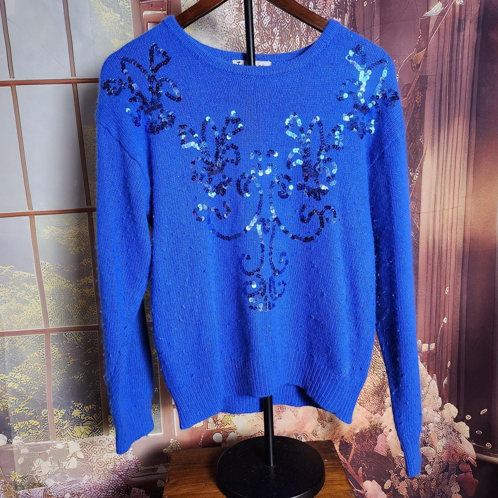Tamaron Vintage 80s Sequin Sweater Cobalt Blue Silk Angora Lambswool Womens M